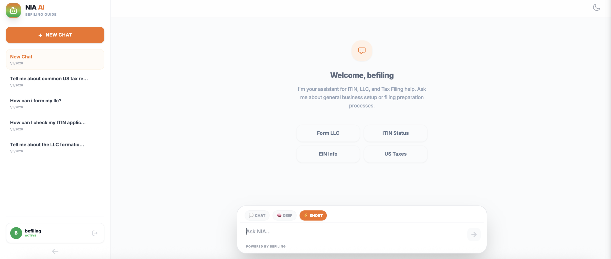 Nia AI Dashboard Interface